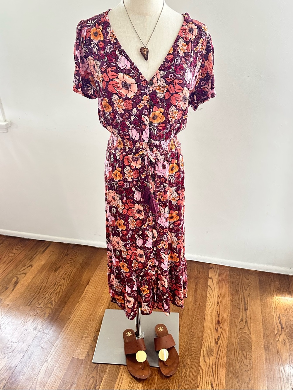 Knox Rose Plum Floral Midi Dress V-Neck Button Front Boho Flowy Size L - Picture 2 of 7